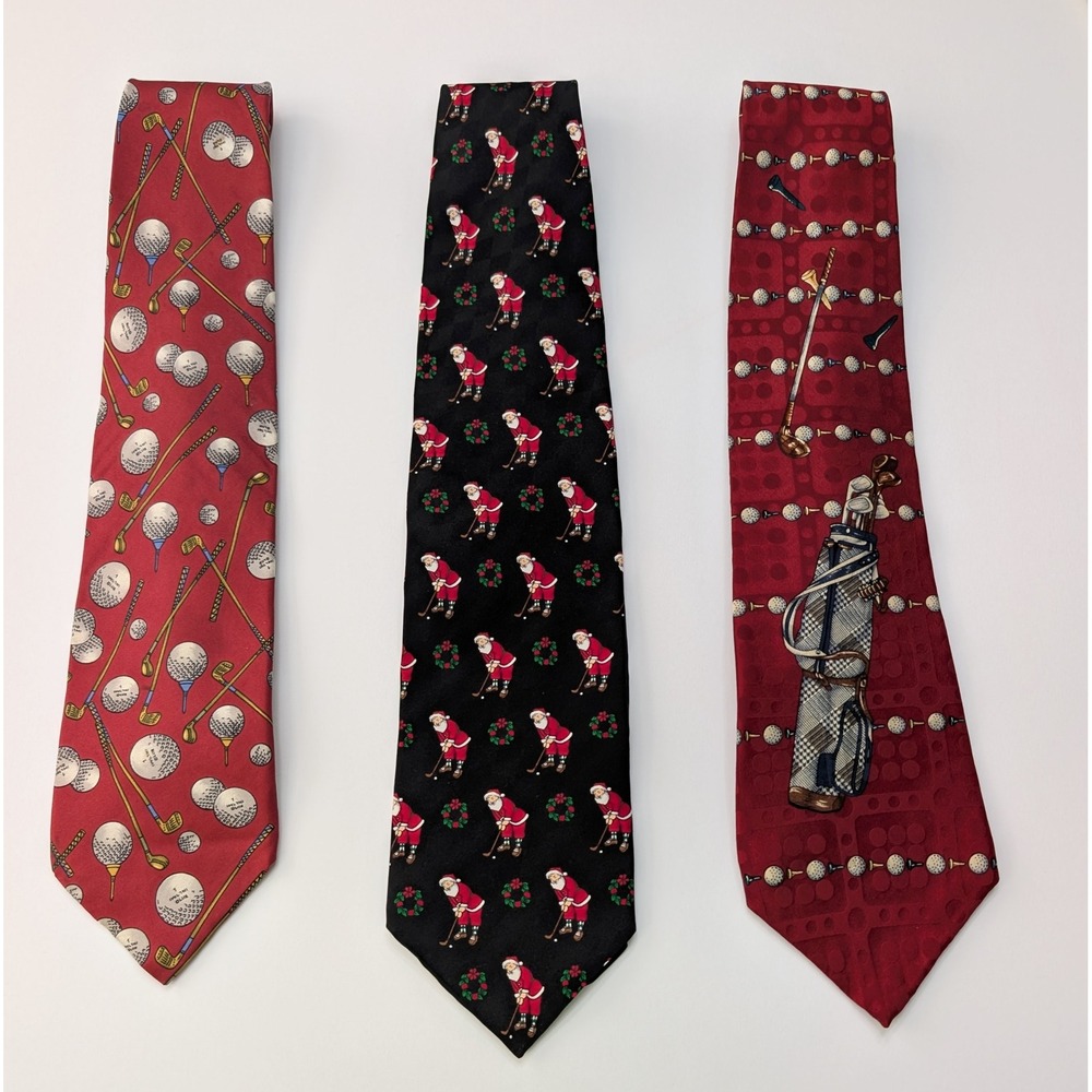 Lot of 3 Mens Golf Neckties Sutter Grant Silk Hallmark Santa Mark Alexander